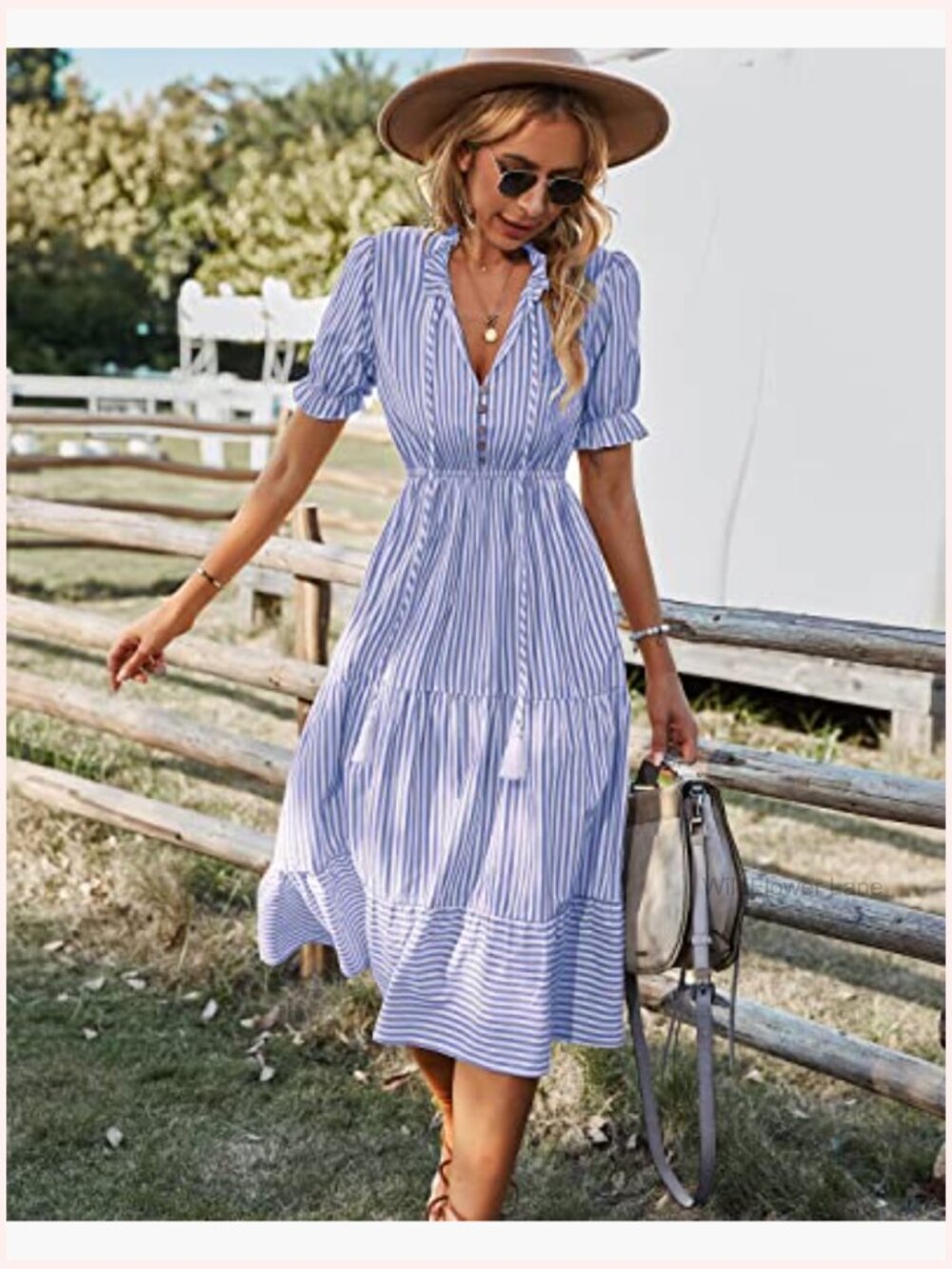 Women's Summer Ruffle Puff Sleeve V-Neck High Waist Midi Striped Dress - Picture 5 of 7